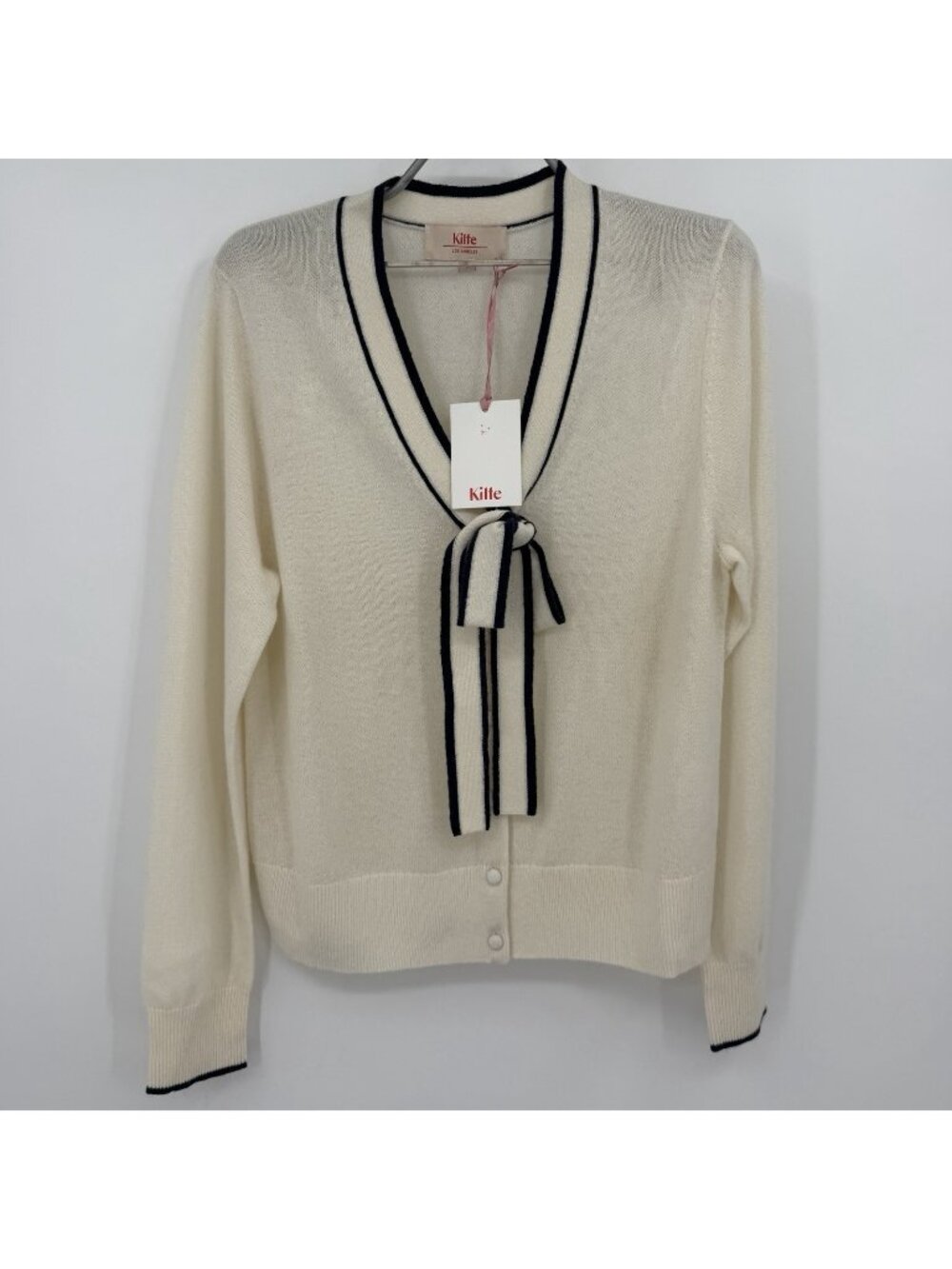 Kilte Collection Ivory 100% Washable Cashmere Saylor Bow Cardigan Sweater 3 L/XL